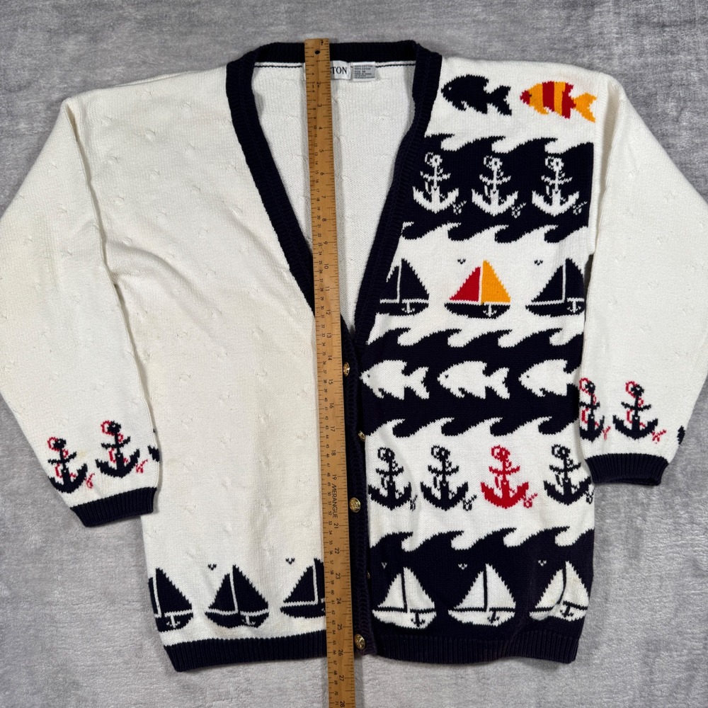 Vintage Nautical Cardigan Womens Medium White Navy Anchor Sailboat Coastal Knit - Picture 6 of 9